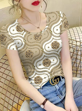 新款气质小衫百搭短袖显瘦T恤复古印花薄款冰丝上衣女装时尚爆款