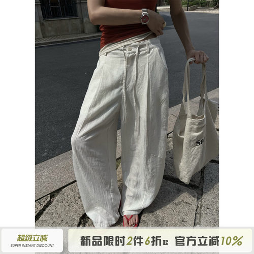 莱赛尔亚麻混纺宽松阔腿裤子女