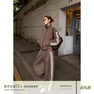 WOWPLAY杨九七 美式复古格子外套女秋季短款立领夹克三条杠休闲裤