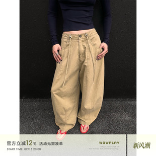 WOWPLAY杨九七 美式复古卡其色工装裤女秋季百搭裤子休闲弯刀裤