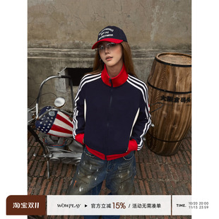 WOWPLAY杨九七 美式复古三条杠撞色短款外套女秋季立领运动夹克