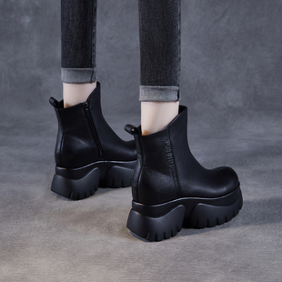 秋冬新款真皮小个子超高跟头层牛皮短靴女松糕厚底内增高马丁靴女