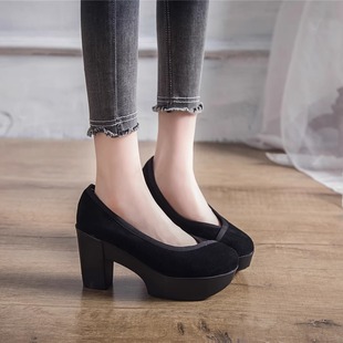 真皮复古奶奶鞋女鞋2026春新款浅口圆头绒面粗跟高跟鞋网红女单鞋