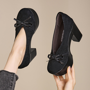 真皮单鞋女2026新款百搭小个子显高粗跟防水台圆头高跟鞋女不累脚