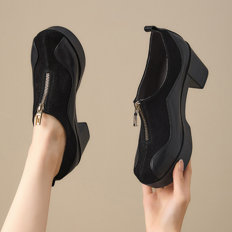 真皮单鞋女2026新款秋不累脚妈妈鞋小个子高跟鞋粗跟防水台配裙子