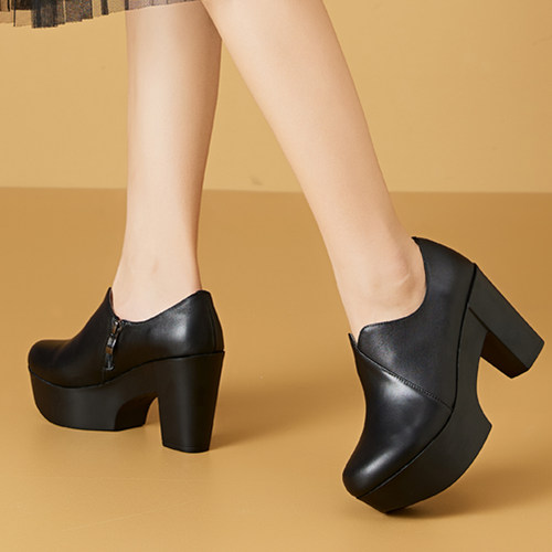 休闲高跟厚底防水台深口真皮单鞋