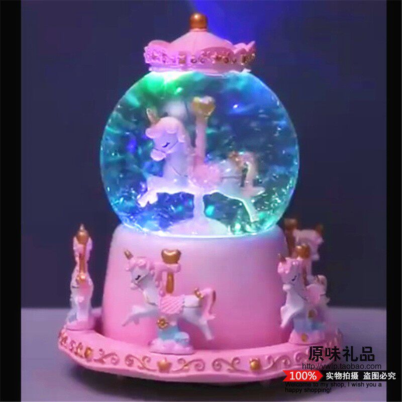 旋转木马水晶球音乐盒 卡通发光独角兽八音盒飘雪 送孩子儿童礼物