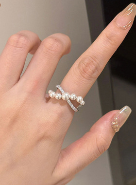 韩国新款不规则交叉满钻闪光珍珠戒指女复古设计感个性锆石指环