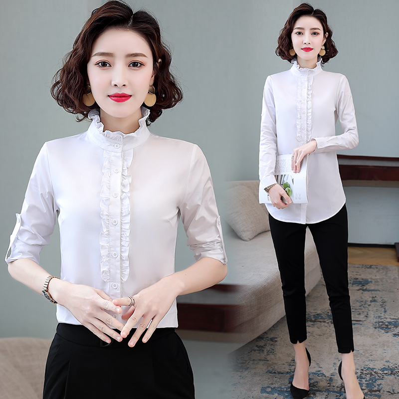 New solid color long sleeve shirt with lotus collar and stand collar