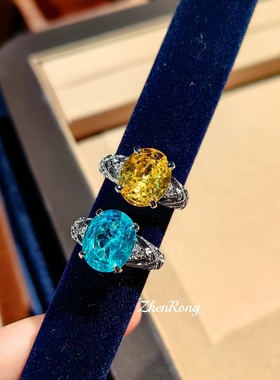 大鸽子蛋精工黄钻海蓝宝托帕钻戒