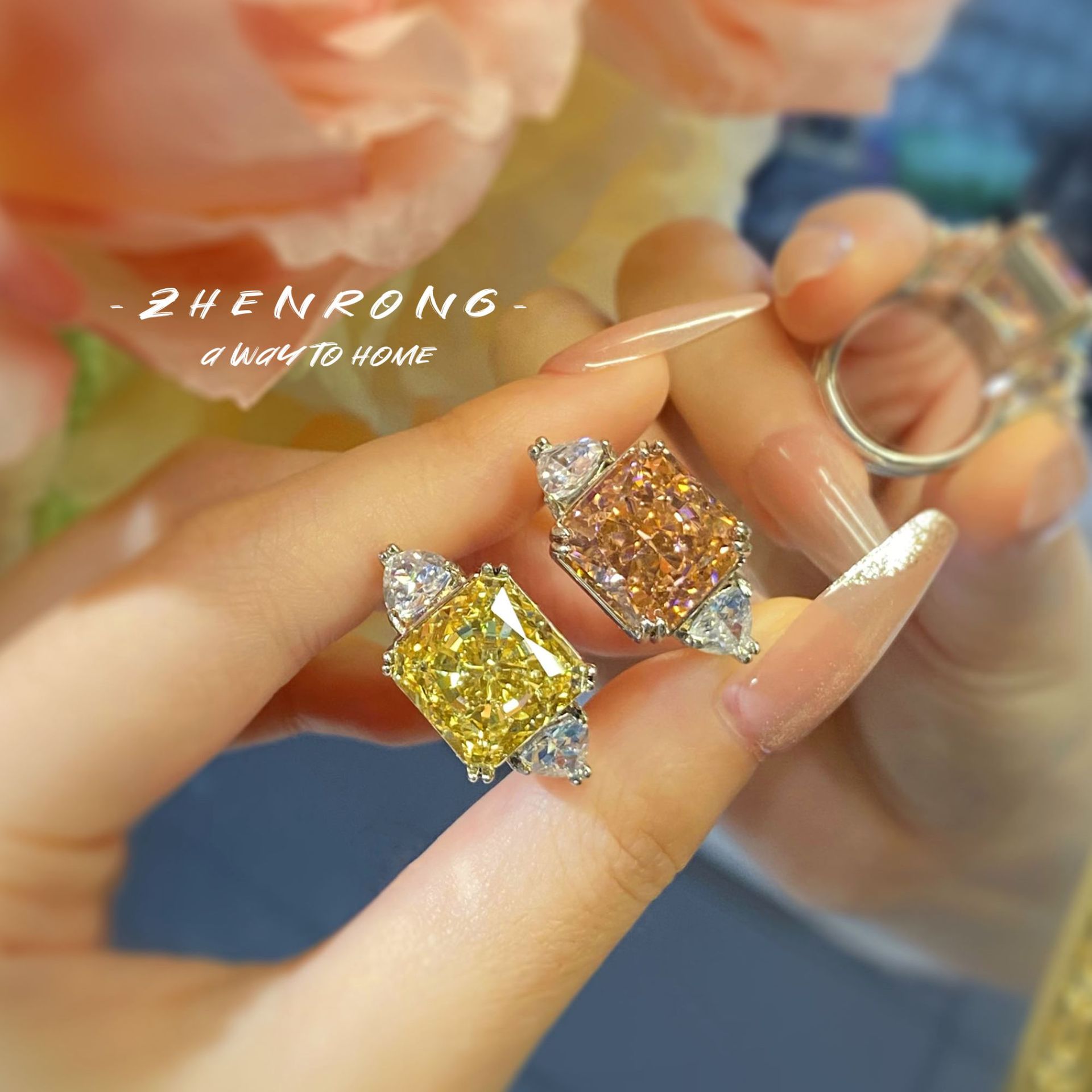 爆闪黄钻粉钻方形冰花切开口戒指