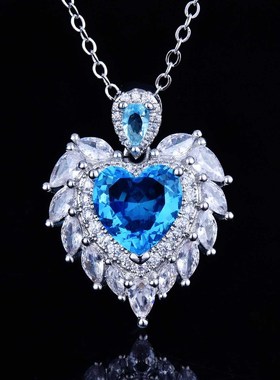 天使之翼吊坠海蓝宝翅膀心形项链