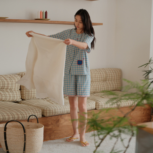 家居服套装 短裤 棉麻撞色格子圆领短袖 朵朵可可睡衣女2025春夏新款