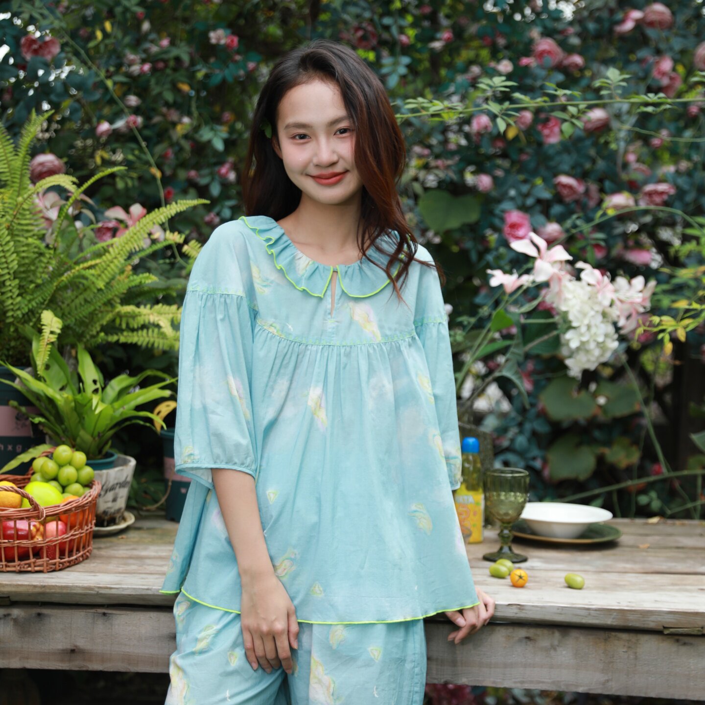 朵朵可可睡衣女2026春夏新款印花薄棉娃娃领中袖短裤家居服套装