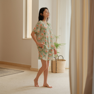 家居服 短裤 朵朵可可睡衣女2025春夏款 简约圆领盘扣竹节棉印花短袖