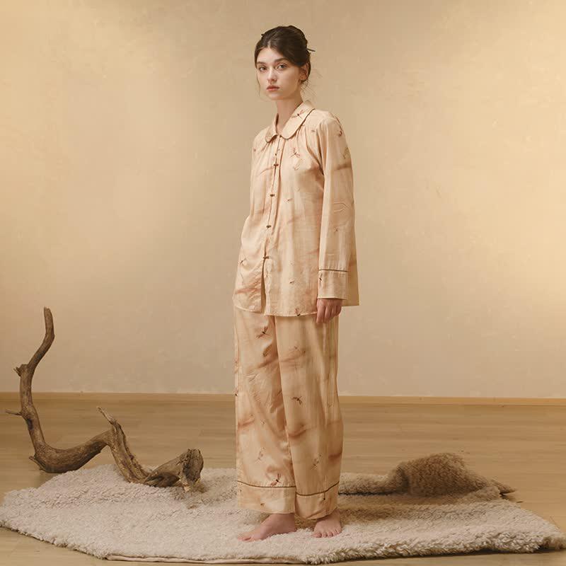 朵朵可可睡衣女秋冬新款贡缎纯棉娃娃领卡通印花长袖长裤家居服