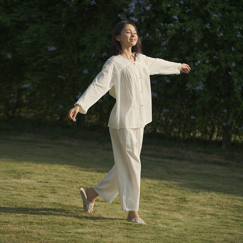 朵朵可可睡衣女2025春夏新款梭织棉提花V领花边袖薄款家居服套装