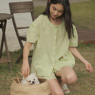 家居服套装 短裤 梭织纯棉提花圆领短袖 朵朵可可睡衣女2025春夏新款