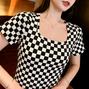 套装 休闲短裤 女棋盘格新款 方口领T恤个性 两件套 短袖 时尚