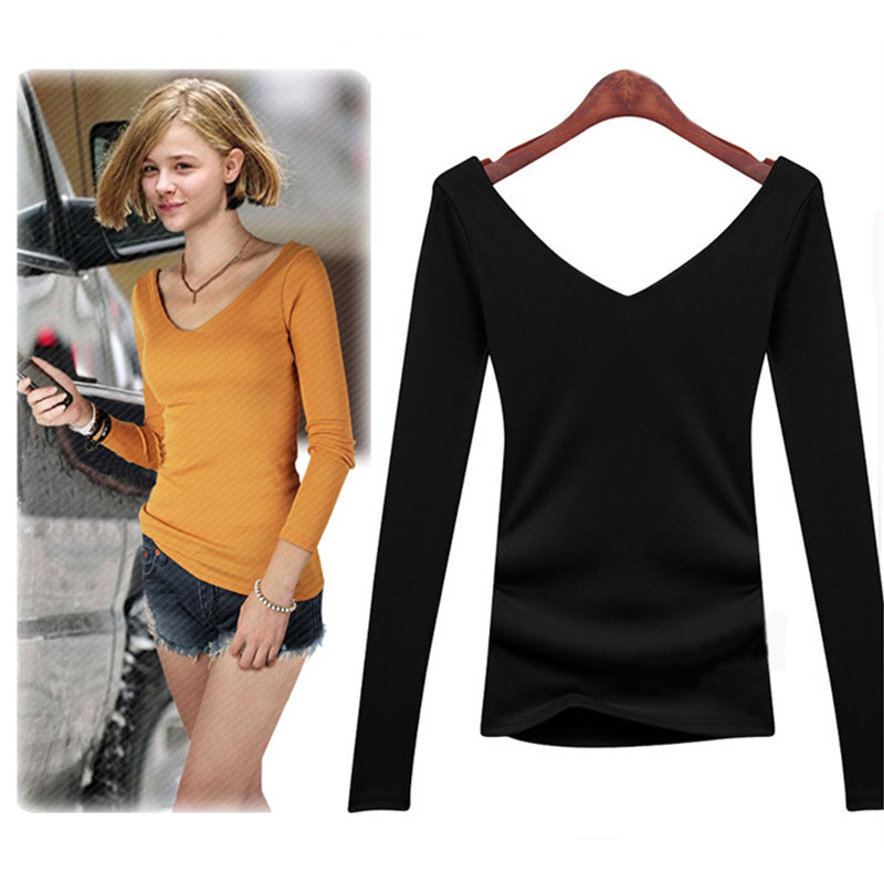 前后V领白色T恤2026春季大码女装长袖欧美性感纯色简约上衣女