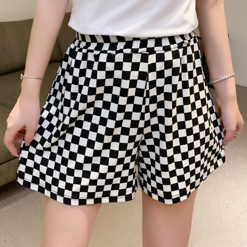 2025夏季新款棋盘格短裤女时尚休闲裤阔腿裤松紧腰百搭裤子