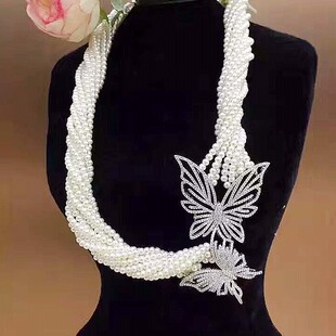 925银珍珠项链毛衣链 高档胸针胸花别针秦海璐同款双蝴蝶胸针配饰