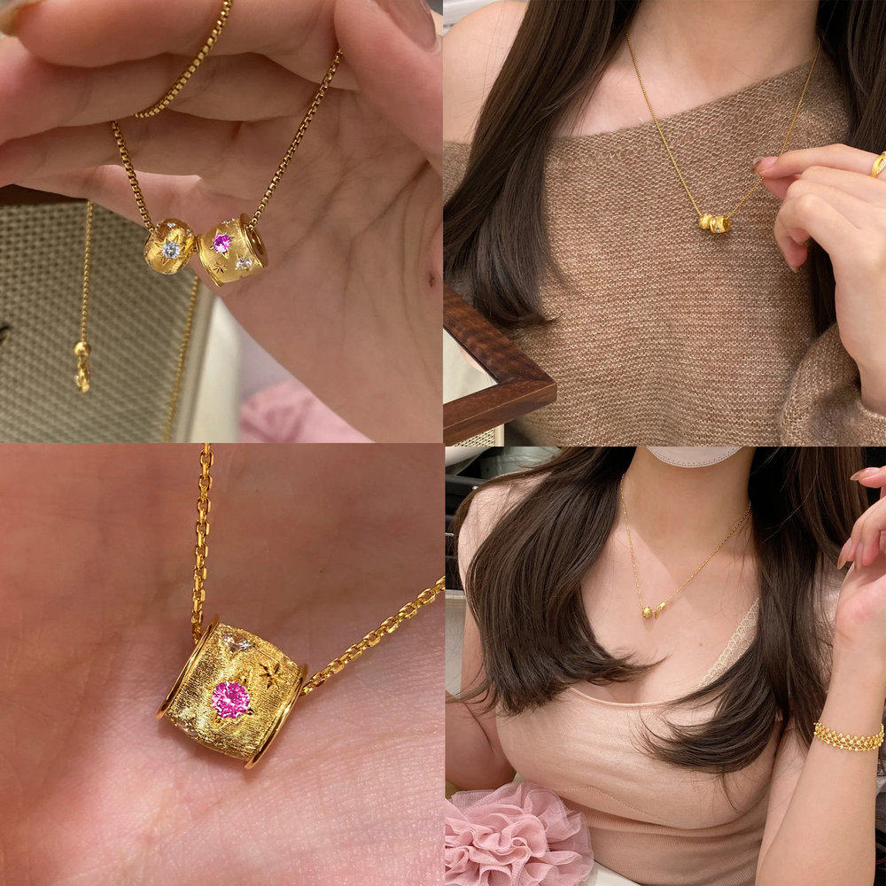 法式复古拉丝猫眼小金球吊坠 高级感轻奢气质小金桶转运珠项链女