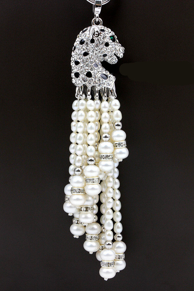 爆款限量满钻镶锆石天然淡水珍珠毛衣链花豹子头双层项链流苏吊坠