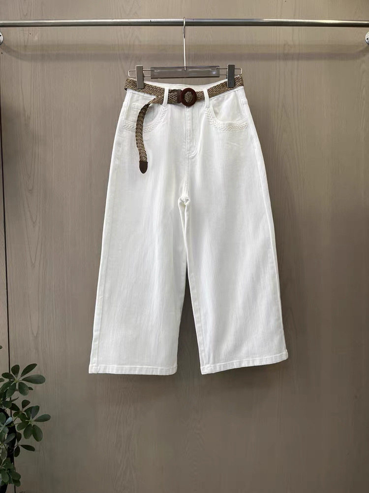 瑞瑞欧货2026春新款时尚百搭休闲显瘦编织皮带口袋花边纯色裤8010