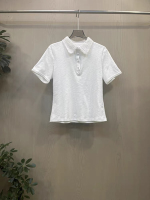 瑞瑞欧货2026年春季新款时尚百搭显瘦针织缕空翻领短袖上衣8358