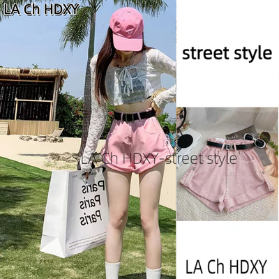 LA Ch HDXY潮牌2023夏季韩版显瘦百搭高腰个性破洞毛边牛仔短裤女