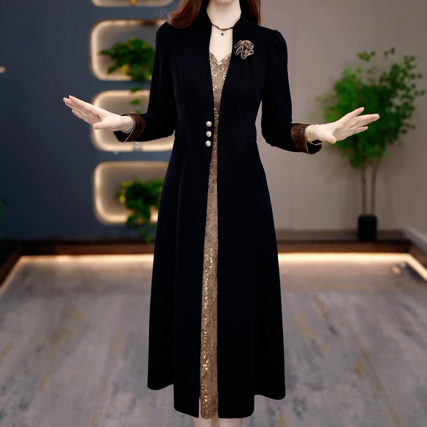 高档假两件连衣裙时尚显瘦中长裙2025秋季减龄女洋气气质百搭轻奢
