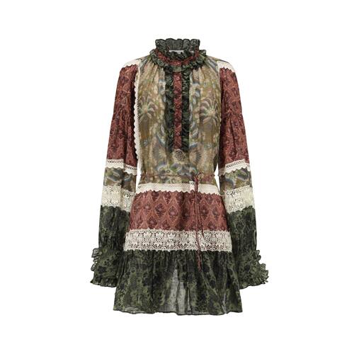 已印 四方壁花木耳领拼接蕾丝连衣裙 E1JBSSDS21020NCC