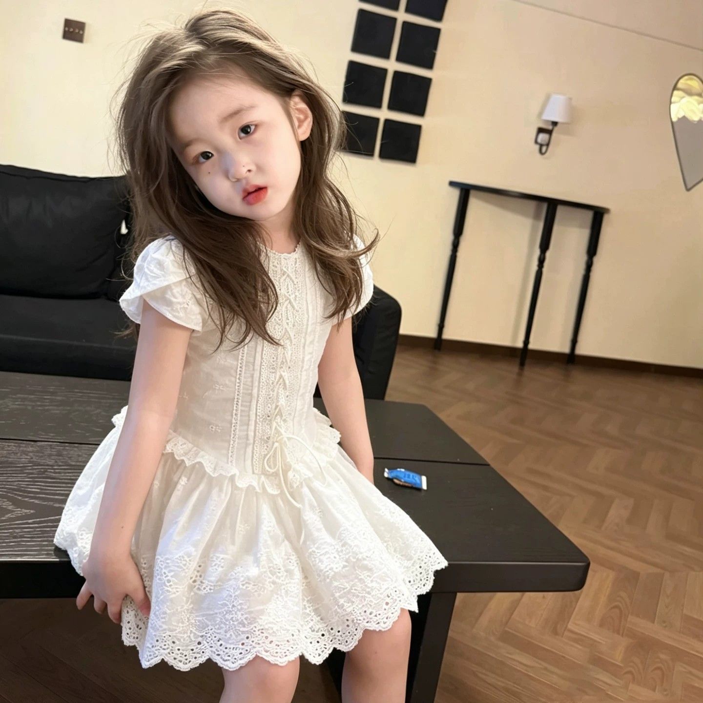 女童法式2026蕾丝连衣裙夏季复古新款泡泡短袖气质衬衫女孩连衣裙