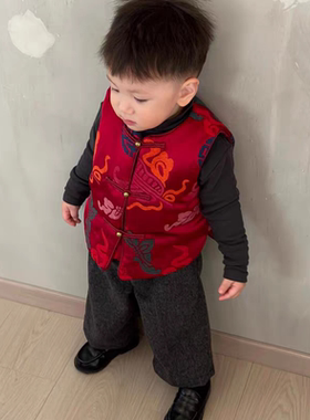 男童拜年服儿童唐装马甲冬季男女童新中式国风提花夹棉坎肩背心潮