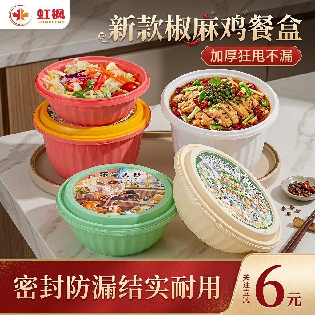虹枫一次性餐盒圆碗带盖便当外卖打包饭盒饭店食品级沙拉碗汤碗