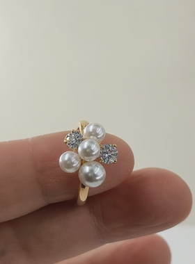 戒指珍珠开口调节2025新品新款纯银针小米珠锆石珍珠戒指气质饰品