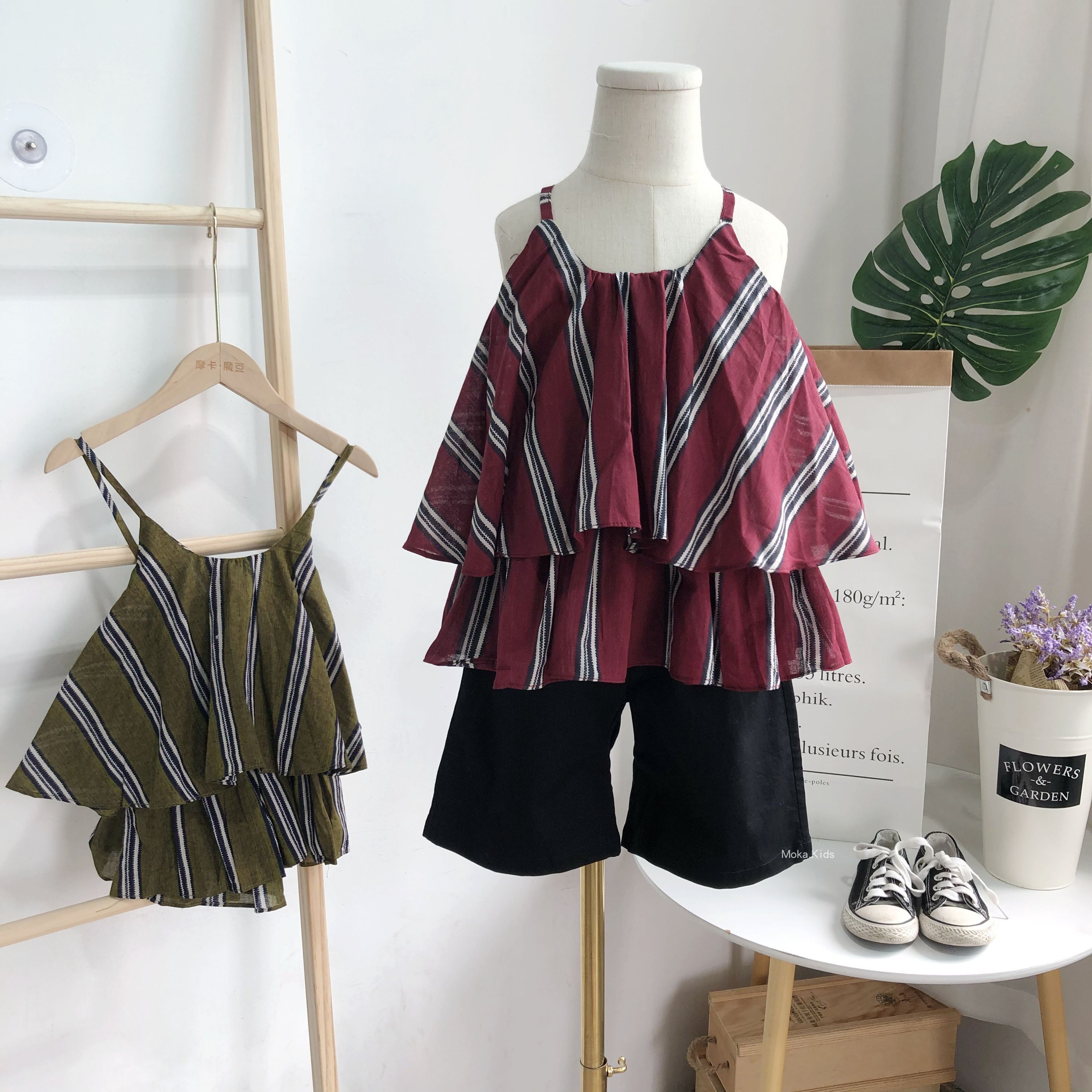 女童吊带衫上衣 夏款度假风条纹a字版后背交叉背心