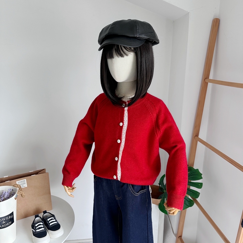 女童秋冬蕾丝边毛线衣外套开衫