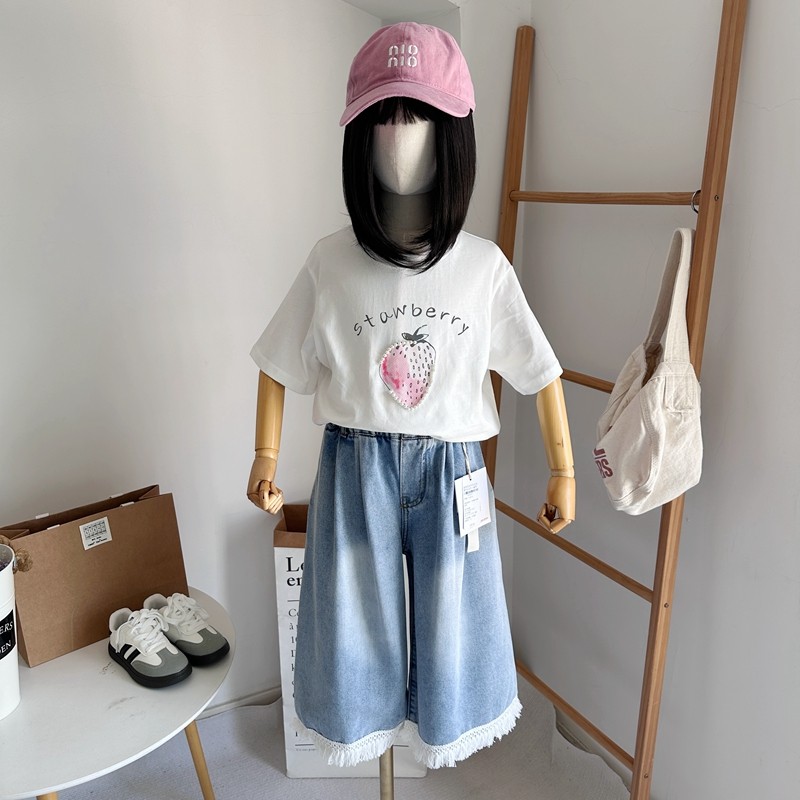 童乐鱼童装2025夏季新款女童钉珠草莓绣花短袖T恤衫纯棉打底6656