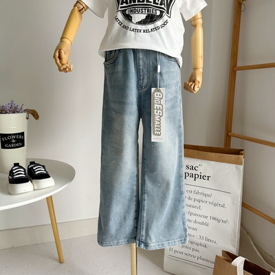 童装长裤棉牛仔裤烫钻直筒裤