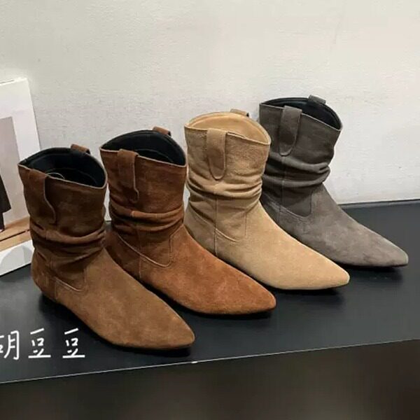 Dapai Show真皮牛皮百搭极简堆堆靴韩版气质尖头短靴磨砂女靴褶皱