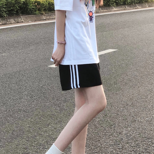 高腰韩版学生五分裤双杠短裤