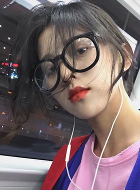 黑色粗框简约新款韩国文艺夏日懒人凹造型平光眼镜框女大圆脸显瘦