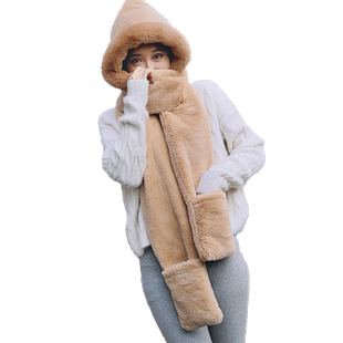帽子女冬天加厚毛绒连体围巾三件套韩版潮秋冬新款围脖一体保暖帽