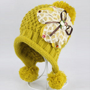 卓朵 帽子女秋冬天潮韩版毛线帽卷边花朵球球针织帽 保暖护耳帽子