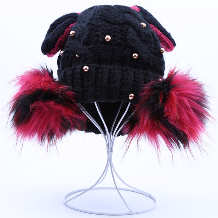 韩国可爱女生猫耳朵帽子女冬天恶魔角保暖针织帽韩版大球球毛线帽