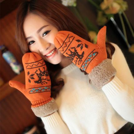 韩版可爱冬季加厚加绒针织毛线连指手套 冬天保暖女士手套 带挂绳