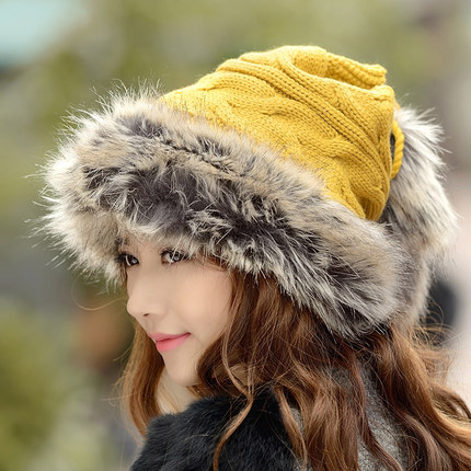 冬天帽子女毛线帽加绒加厚保暖针织时尚皮草围脖潮兔毛帽新款护耳