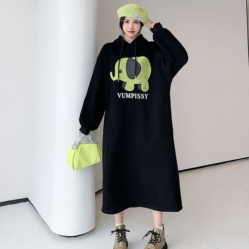 长款连帽卫衣裙女小象印花冬外穿韩版休闲宽松加绒加厚过膝连衣裙